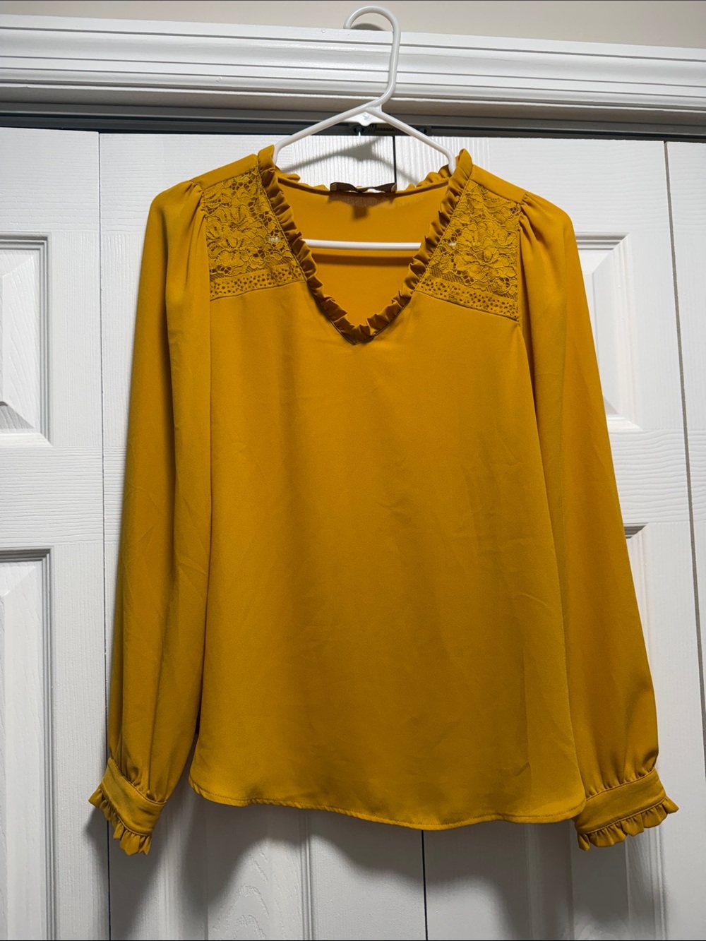 LOFT Mustard Yellow V-Neck Lace Yoke Blouse